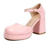 Women's Classic Ankle Strap Sandals 9cm Chunky Heel 2cm Platform Round Toe PU Leather Slip-Resistant Sole Extended Sizes (34-48) Black/White/Pink,Pink,13 UK