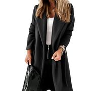 Womens Classic Coat Lapel Collar Open Front Belted Long Jacket, Black, XL