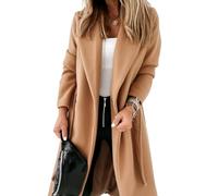 Womens Classic Coat Lapel Collar Open Front Belted Long Jacket, Camel, L