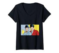 Women's Classic Comedic Duo Pop Art Retro Bowler Hat Illustration V-Neck T-Shirt