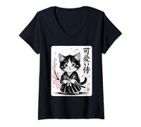 Womens Classic Cute Kawaii Baby Samurai Cat - Cute Japanese Sakura V-Neck T-Shirt