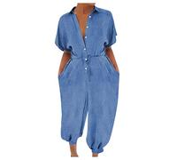 Womens Classic Distressed Casual Harem Denim Dungarees Loose Fit Plus Size One Piece Short Sleeve Button Down Baggy Work Jean Jumpsuits Stretchy Onesie Romper Playsuits Coveralls with Pocket