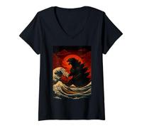 Women's Classic Epic Kaiju Emerging from Waves Mythical Sea Monster V-Neck T-Shirt