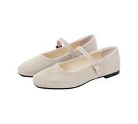 Women's Classic Faux Suede Mary Janes Minimalist Buckle Strap Flats Great for School Work Dates Daily Walks Beige 3.5