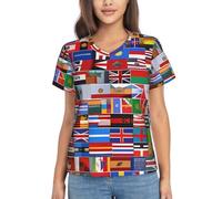 Women's Classic-Fit V-Neck T-Shirt - Summer Short-Sleeve Various Flags Print Loose Casual Tops Tee Blouses, Black, 3XL