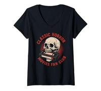 Womens Classic Horror Movies Fan Club | Skull & Old Home Video Tape V-Neck T-Shirt