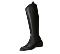 Women's Classic Knee-High Riding Boot, Black Leather Look, Block Heel High Boots Female New Pointed Thick With V Mouth Long Tube Back Zip Womens Winter (Black, 7.5)