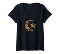 Women's Classic Leopard Print Crescent Moon and Star Design V-Neck T-Shirt