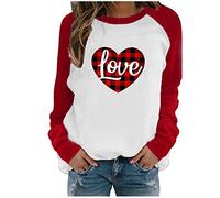 Women's Classic Love Pattern Valentine's Day Sweatshirt Fashion Two-Tone Crew Neck Pullover with Heart Print Romantic Valentine's Day Long Shirt Casual Loose Long Shirt Streetwear, P Red, L