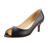 Women's Classic Matte Leather Open Toe Low Kitten Heel Sandals Slip On Medium Heel Peep Toe Dress Pumps Black Size 37