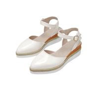 Women's Classic Patent Leather Closed Toe Espadrille Wedges Elegant Ankle Strap Platform Shoes for Shopping Dates Holidays White