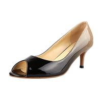 Women's Classic Patent Leather Two Tone Open Toe Low Kitten Heel Sandals Slip On Medium Heel Peep Toe Dress Pumps Nude Black Size 39