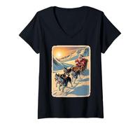 Womens Classic Retro Husky Sled Team Christmas - Santa V-Neck T-Shirt