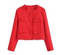 Women's Classic Tweed Blazer, Black Red White, Frayed Trim, Gold Button Detail (UK, Alpha, S, Regular, Regular, Red)