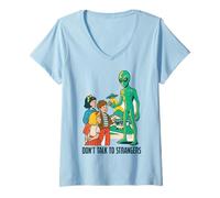 Womens Classic UFO with green aliens flying above city V-Neck T-Shirt
