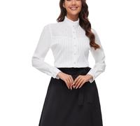 Womens Classic Victorian Shirt Button Down Long Sleeve Blouse, White, 14