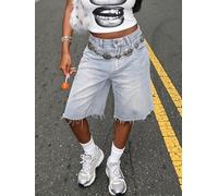 Women's Classic Vintage Washed Denim Bermuda Shorts, Mid Rise Wide Leg with Frayed Hem Slant Pockets Casual Summer