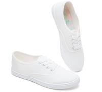 Womens Classic White Sneakers,Low Top White Canvas Shoes,Lightweight Casual Canvas Sneakers, White Flower, 6 UK