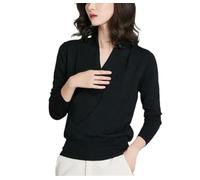 Womens Classic Wrap Over Sweater Wool Blend Jumper Ribbed Hem Loose Fit Comfort Stretch Pullover Winter Black