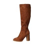 Womens Classy Fashion Knee High Block Heel Boots Fall Chunky Heel Tall Snip Toe Pull On Suede Boots Winter Side Zipper Wide Calf Boot Khaki