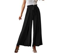 Women's Classy High Waist Chiffon Palazzo Maxi Pants with Bowknot Ribbon Tie High Split Wide Leg Solid Loose Pleated Regular Fit Fashion Ladies Pants Black