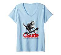 Womens CLAUDE - Cute Boy Name with cool with cool Cat & Skateboard V-Neck T-Shirt