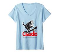 Womens CLAUDIO - Cute Boy Name with cool with cool Cat & Skateboard V-Neck T-Shirt