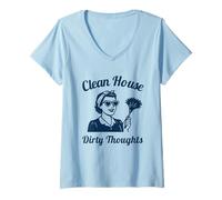 Womens Clean House Dirty Thoughts Funny Retro Cleaning Lady V-Neck T-Shirt
