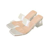 Women's Clear Heels Block Low Heel Clear Sandals Transparent Double Strap Open Square Toe Slip on Mules Clear Dressy Sandals Low Heel Sandals for Women UK 4.5#1#_Silver