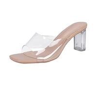 Womens Clear Heels Sandals Transparent Open Toe Mules Slip on Heeled Sandals Slipper Dress Shoes, Clear Chunky Block High Heels G-Beige 5