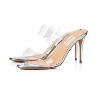 Women's Clear High Heel Sandals, Round Open Toe Stiletto Mule, Classic Backless Transparent Strap Summer Mule Sandals for Party Evening Wedding,Silver,2 UK