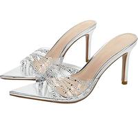 Women's Clear Pointed Open Toe Stiletto Heel Slide Slip-On Transparent Sexy Dress High Heels Mules Bridal Party Slipper(Silver,5)