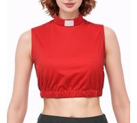 Women's Clergy Clerical Crop Top Summer Sleeveless T-Shirt Tab Collar Priest Minister Church Bib Red