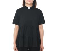 Women's Clergy Clerical Shirt for Vicar Priest Tab Collar Summer Short Sleeve Ruffle Loose Casual Blouse Office Work Top Black