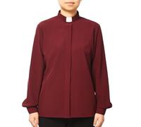 Women's Clergy Clerical Shirt Tab Collar Long Sleeve Regular Fit Cotton Blended Stretch Blouse Wine Red