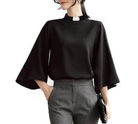 Women's Clergy Clerical Shirt Tab Collar Swing Long Sleeve Regular Blouse for Minister Priest Pastor Black