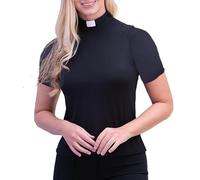Women's Clergy T-Short Sleeves Tab Collar Clergy Priest Clerical Short Sleeves Blouse Top, Black, L