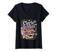 Womens Cleric in The Streets Chaos in The Group Chat Funny V-Neck T-Shirt