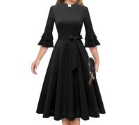 Womens Clerical Dress Church Priest A Line Dresses 3/4 Pagoda Sleeve Clergy Dress with Belt Black