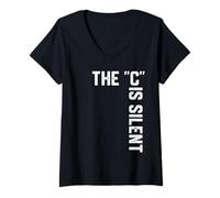 Womens Clever Sarcastic Grammar Humor Saying The C is Silent V-Neck T-Shirt