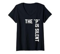 Womens Clever Sarcastic Grammar Humor Saying The P is Silent V-Neck T-Shirt