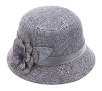 Women's Cloche Bucket Hats Elegant Vintage 20s Flower Fedora Hat Church Hats for Ladies Linen Fedoras Bowler Hats Grey