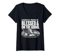 Women's Clocked in Prayed Up Blessed On The Grind Faith Work V-Neck T-Shirt