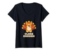 Women's Close Enough Funny Thanksgiving Corgi Turkey Costume Humor V-Neck T-Shirt