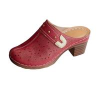 Women's Closed Leather Mules, Women's Sandals with High Heels, Non-Slip Platform Low Shoes, Bao Toe Chunky Heel Mules, Waterproof Block Heel Slippers, red, 6 UK