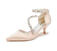 Women's Closed Pointed Toe Bridal Pumps Satin Rhinestone Low Kitten Heels for Wedding Evening Party Office,Champagne,5 UK