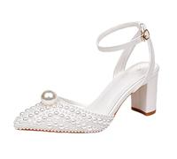 Women's Closed Pointed Toe Pearl Stiletto Sandals Fashion Adjustable Ankle Strap Elegant Chunky Heel Dress Shoes for Bridal,7.5