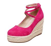 Women's Closed Sandals Wedge Espadrilles | Suede Closed Toe, Closed Toe, Braided Sole, Wedge Heel, Cross Straps, Adjustable Buckle | Summer City Vacation Night Out, 01 Hot Pink, 4 UK