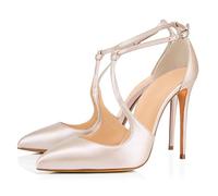 Women's Closed Toe Ankle Strap Pumps, Elegant Stilettos Dressy Court Shoes, Side Hollowing Pointed Toe Wedding Bridal Party High Heels Shoes,Champagne,7 UK