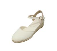 Womens Closed Toe Espadrille Wedges Elastic Criss Cross Strap Canvas Flats Casual Summer Slip On Shoes (ZZ11-White, 5.5)